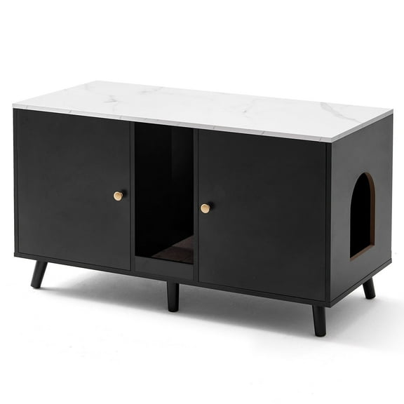 JanflyHome Cat Litter Box Enclosure, Hidden Litter Box Cabinet TV Stand Side End Table Furniture with Scratching Pad, Cat Washroom, Black