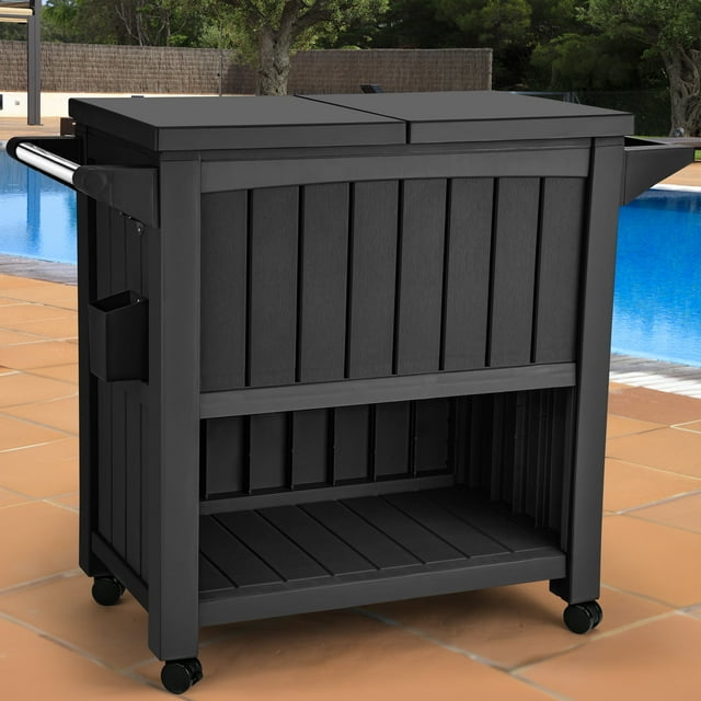 DEXTRUS 85 Quart Resin Rolling Outdoor Cooler Cart, Portable Patio Furniture Cooler with Wheels, Black