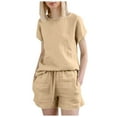 thumbnail image 2 of Riforla Women's Summer Fashion Casual Two Piece Outfits Crew Neck Short Sleeve Shirts and High Waist Shorts Sets Elegant Women's Sets Khaki XXL, 2 of 5