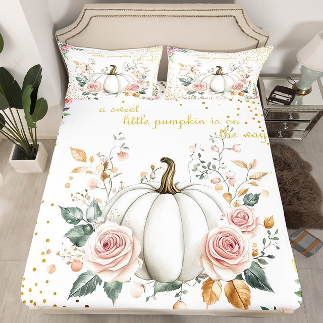 YST Draps de Lit Citrouille d'Automne Récolte Format Simple, Drap-Housse Action de Grâce pour Enfants Rose Ensemble de Literie Fleur Rose Rustique de Ferme Feuilles d'Érable d'Automne avec 1 Taie d'Oreiller