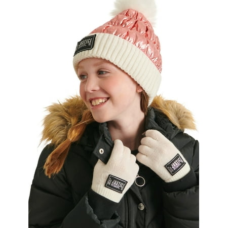 Justice Girls Metallic Rose Gold Quilted Beanie with Faux Fur Pom and Gloves, 2-Piece Set