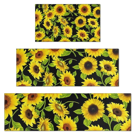 Black Green Leaf Sunflower Pattern Kitchen Rugs Sets Of 3,Kitchen Runner Rugs Non Skid Washable,Decorative Kitchen Floor Mats for Kitchen,Sink,Laundry,17"x30" 17"x47" 17"x59"