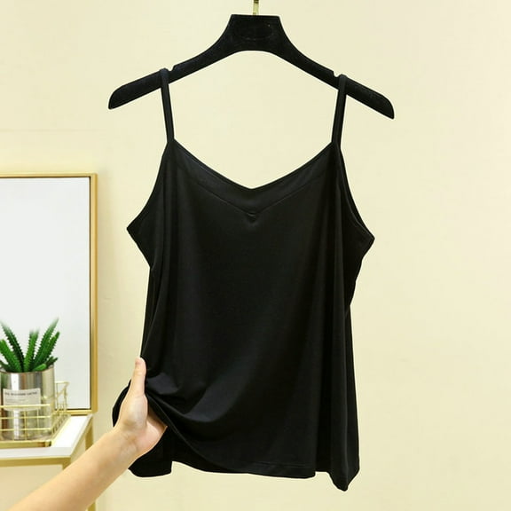 LYEAA V Neck Tank Tops for Women Plus Size Spaghetti Strap Fitted Summer Casual Cami Shirt Solid Sleeveless Breathable Fashion Ladies Pullover Shirts Black L