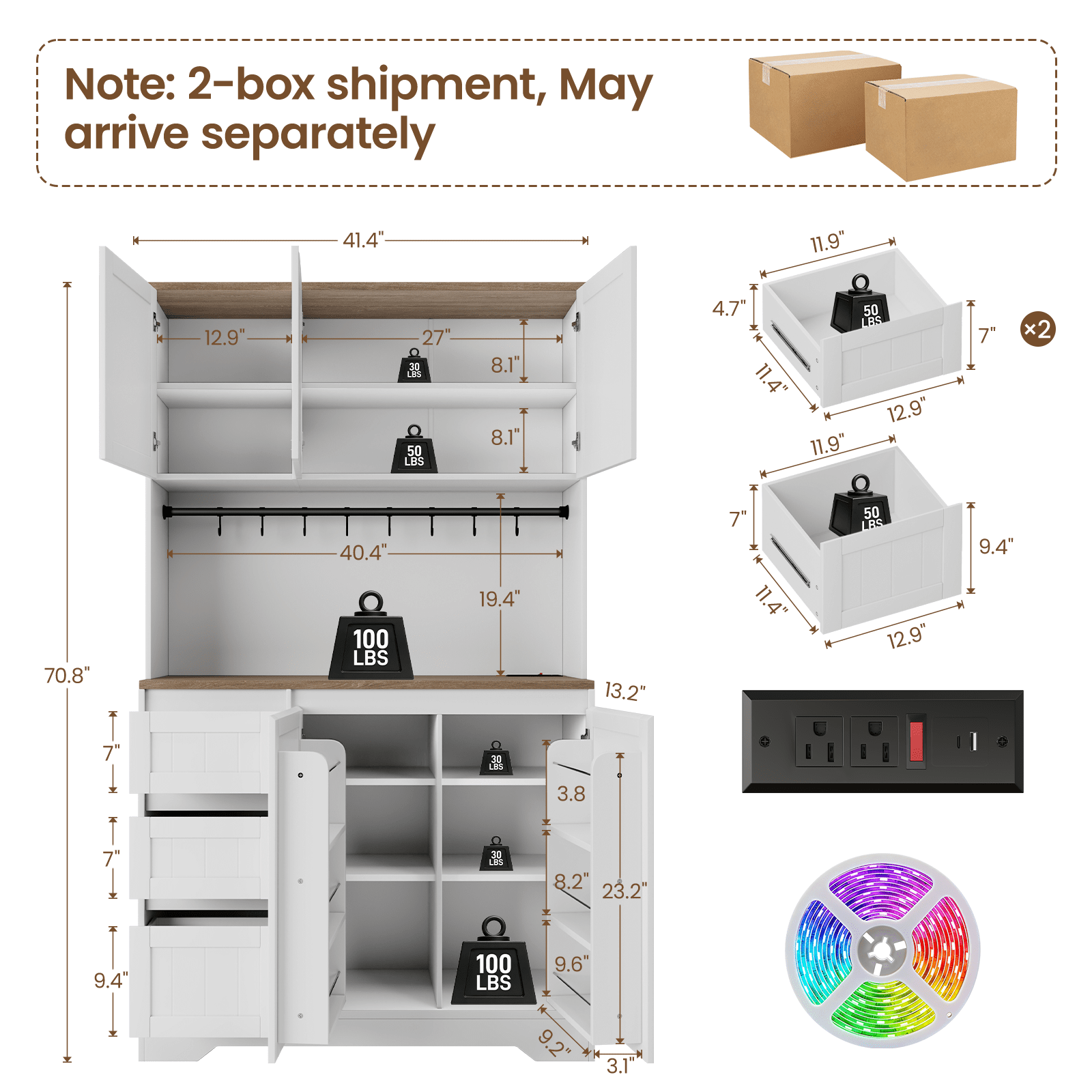Netraty 71" Pantry Cabinet with Charging Station, Large Capacity Kitchen Hutch Storage Cabinet, Kitchen Cabinet with Microwave Stand, Storage Drawers & Adjustable Shelves for Dining Room, White