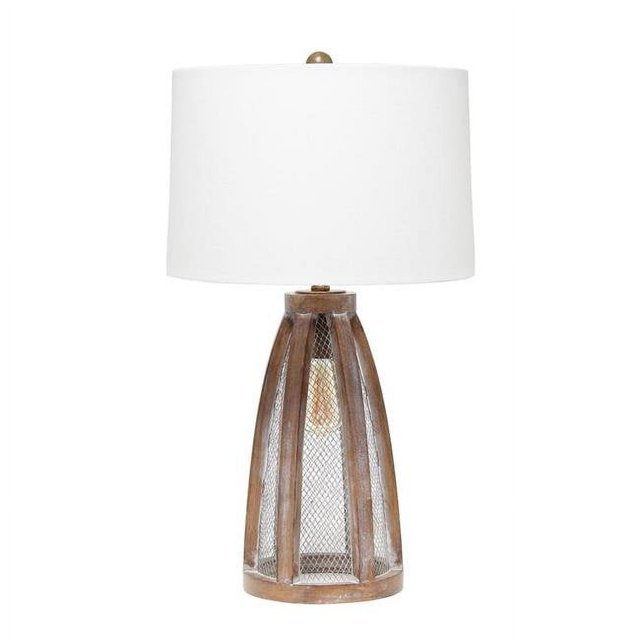 Lalia Home Wooded Arch Farmhouse Table Lamp with White Fabric Shade, Old Wood