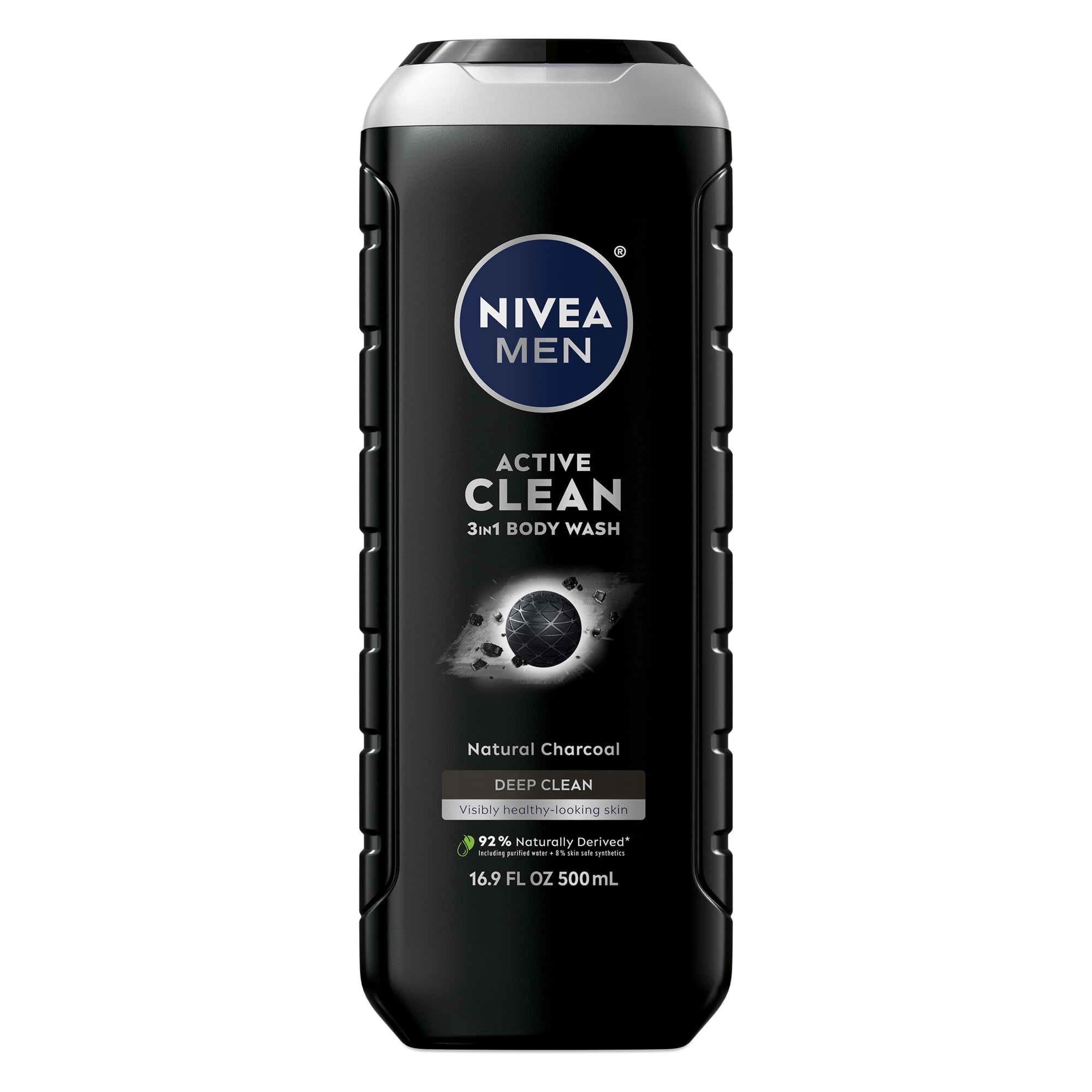 NIVEA MEN Active Clean 3-in-1 Men's Body Wash with Charcoal, Vanilla Bourbon Scent, 16.9 fl oz