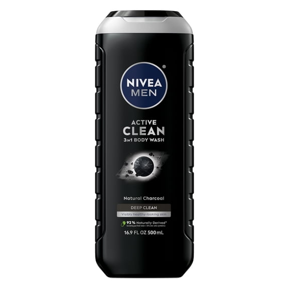 NIVEA MEN Active Clean 3-in-1 Men's Body Wash with Charcoal, Vanilla Bourbon Scent, 16.9 fl oz