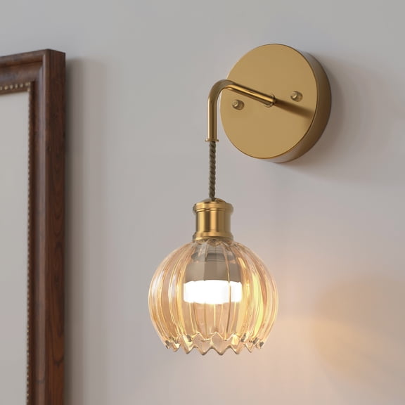 YANSUN 5.9 in 1-Light Gold Wall Lights with Amber Glass Shade, RGBCW LED Wall Sconces with Remote and Timer, for Bedroom, Living Room(2-Pack)