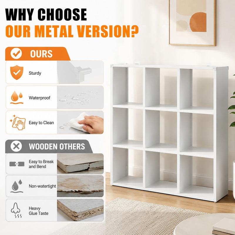 9-Cube Metal Bookcase, Open Storage Cabinet Bookshelf, Display Shelf for Living Room, Bedroom, Home Office