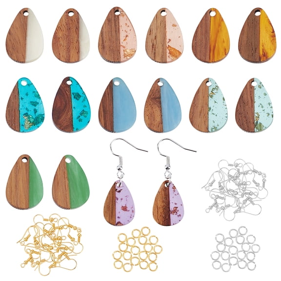 DIY Earring Making Kit Including Resin & Walnut Wood Pendants Iron Earring Hooks & Open Jump Rings Teardrop Mixed color 156pcs/box