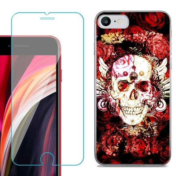Slim-Fit Fashion Gel Phone Case for iPhone SE 2022, with Tempered Glass Screen Protector, by OneToughShield ® - Rose Skull