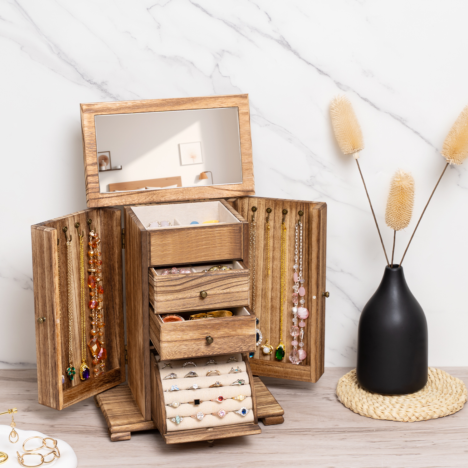 Sfugno 4-Tier Wooden Jewelry Box Organizer with Mirror photo 7