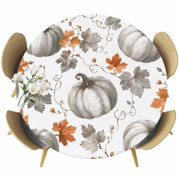 Round Table Cover 36-44 Inch Gray Pumpkins Fall Waterproof Reusable Table Cloth Round Fitted Vinyl Tablecloth with Elastic Edged for Parties Outdoors, Thanksg Maple Leaves Autumn