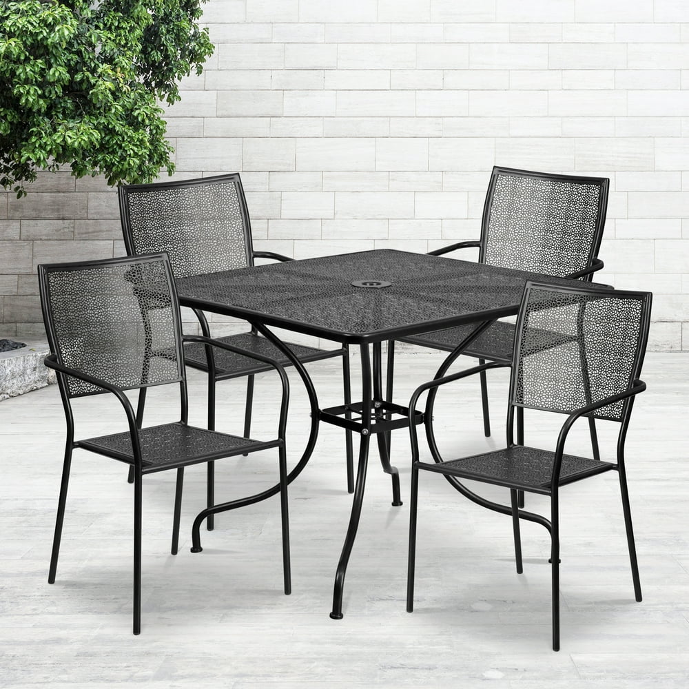 Flash Furniture 35.5'' Square Black IndoorOutdoor Steel Patio Table Set with 4 Square Back