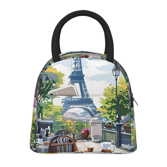 Fotbe Parisian Cafe With Eiffel Bolsa de Almuerzo con Estampado, Lonchera Aislada, Contenedor de Comida Reutilizable Tipo Cooler a Prueba de Fugas