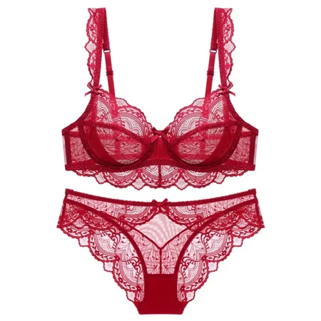 XiaoBanDeng Sexy lingerie for women  ultra-thin hollow  sponge free  transparent lace lingerie  large chest and small size bra set