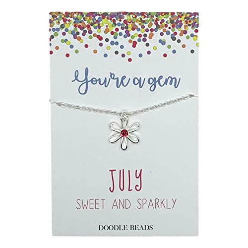 Little Girls Flower Birthstone Necklace w/Card, July Birthstone Necklace, Ruby Necklace