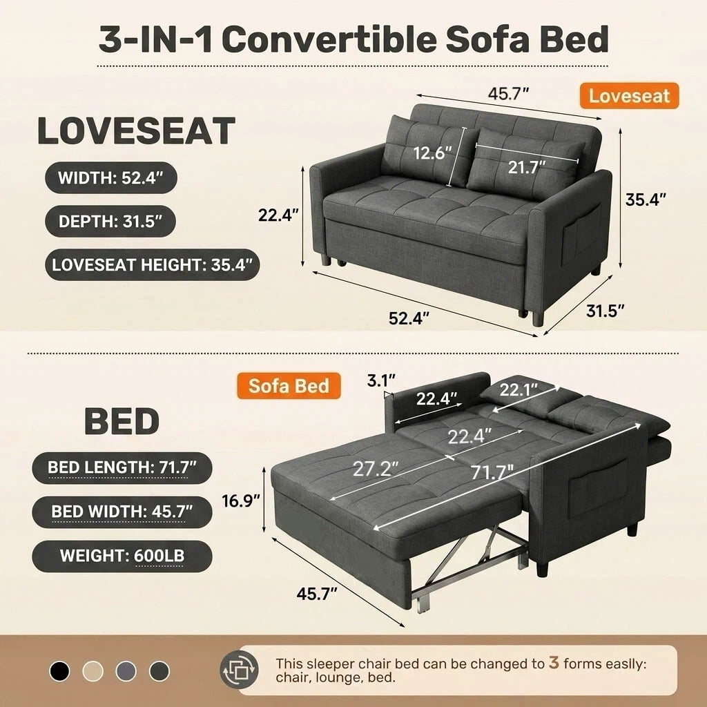 71.7"L Sofa Bed, Lofka 3-in-1 Convertible Sofa Bed with Storage, 5-Level Adjustable Back - Sleeper Couches for Living Room, Dark Grey