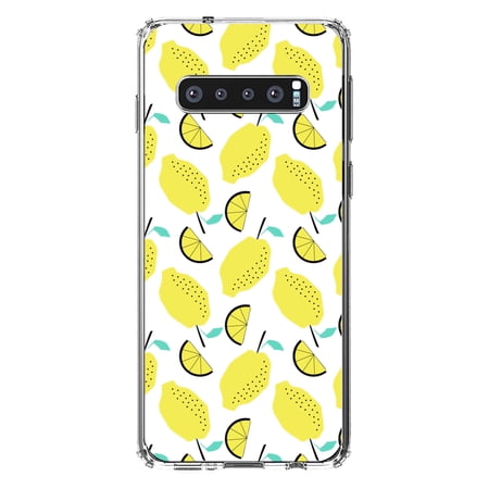 DistinctInk Clear Shockproof Hybrid Case for Samsung Galaxy S10+ PLUS(6.4 Screen) - TPU Bumper Acrylic Back Tempered Glass Screen Protector - Summer Graphics - Lemon Pattern - Lemonade