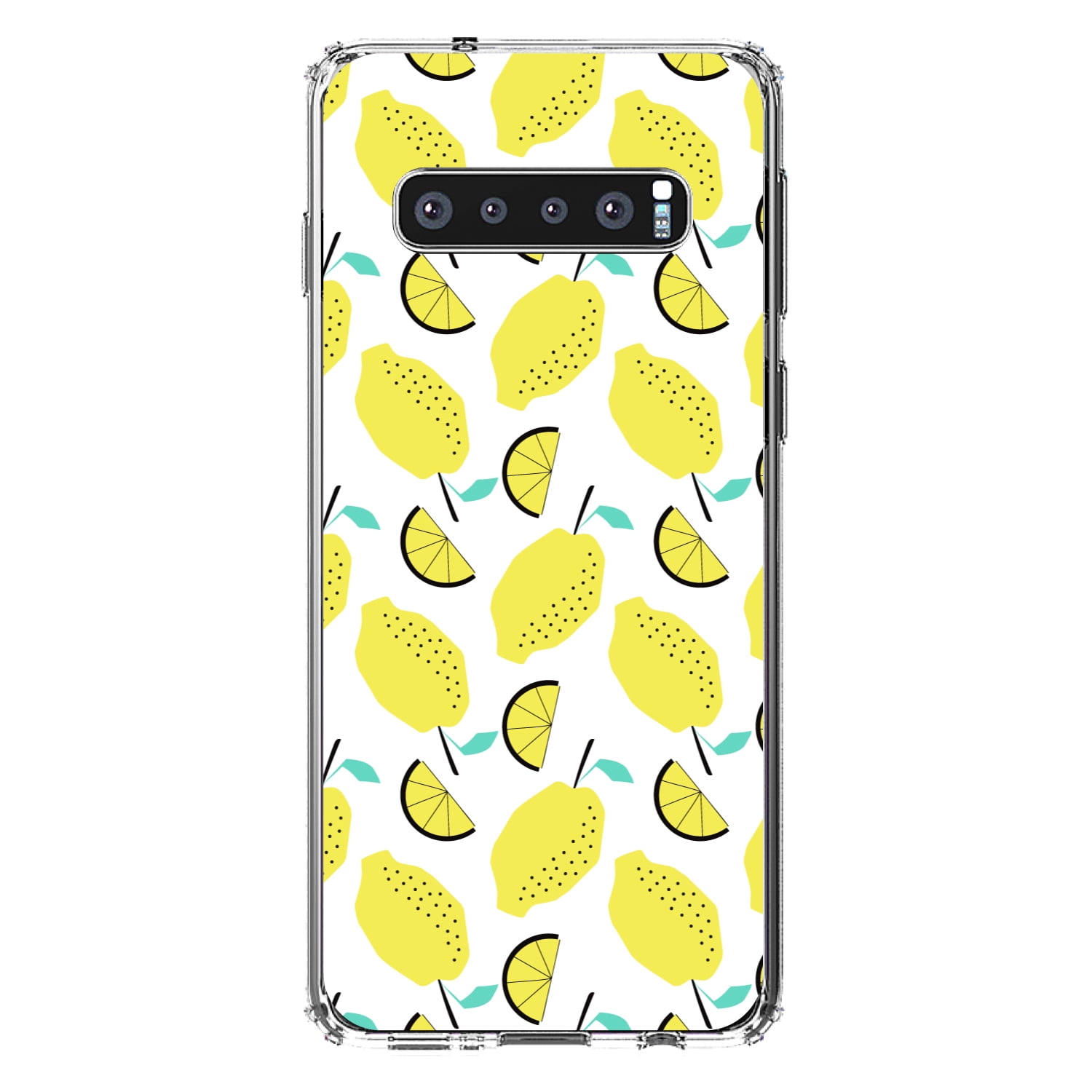 DistinctInk Clear Shockproof Hybrid Case for Samsung Galaxy S10+ PLUS(6.4 Screen) - TPU Bumper Acrylic Back Tempered Glass Screen Protector - Summer Graphics - Lemon Pattern - Lemonade