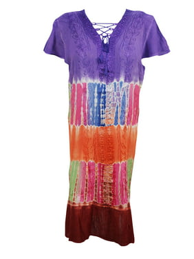 Mogul Women's Tie Dye Embroidered Cap Sleeve Beach Cover Up Summer Dress