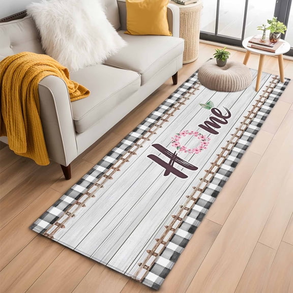 Runner Rug 2 x 6 Ft, Spring Flowers Washable Non-Slip Floor Mat for Kitchen Hallway/Entryway, Farmhouse Watercolor Black Plaid Wood Grain Long Kitchen Runner Area Rugs for Living Room, Low-Profile