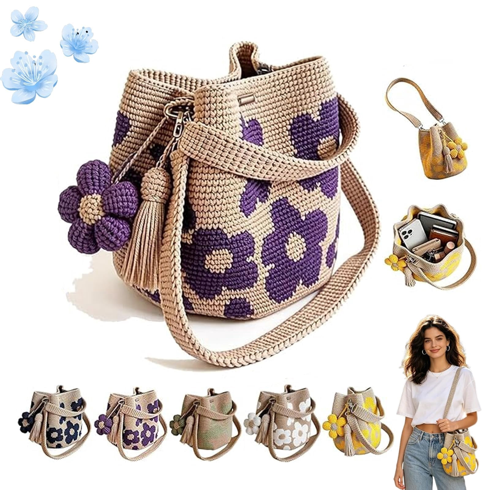 Handmade Crochet Flower Tote, Boho Knit Floral Woven Purse Bag, Hand Woven Knit Shoulder Crossbody Bag for Women Summer Beach Vacation, Large Capacity Woven Bag