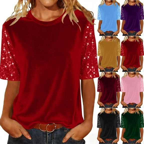 Horkkom Sparkly Tops for Women Crewneck Velvet Short Sleeve Blouses Loose Party Casual Tops L