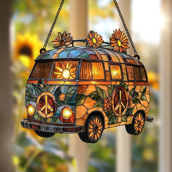 Flower Hippie Van Acrylic Suncatcher, Retro Flower Power Bus Faux Stained Acrylic Window Hanging, Peace Sign Hippie Decor, Peace Sign Van