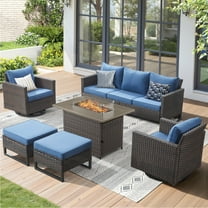 Unnifurnzi Patio Furniture Set with Fire Pit Table-6 Pieces Outdoor Furniture with Outdoor Swivel Rocker Patio Chairs Outdoor Wicker Furniture for Deck Balcony Garden-Brown/Blue