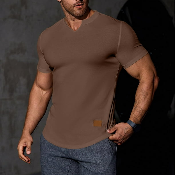 pstuiky Mangas cortas para hombre, Camisa informal de manga corta con cuello en V y textura vertical de color liso para hombre camisas casuales para hombre xxl