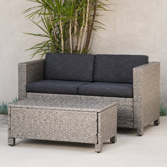 Outdoor Wicker Loveseat and Coffee Table Set with Cushions, Black ,Grey