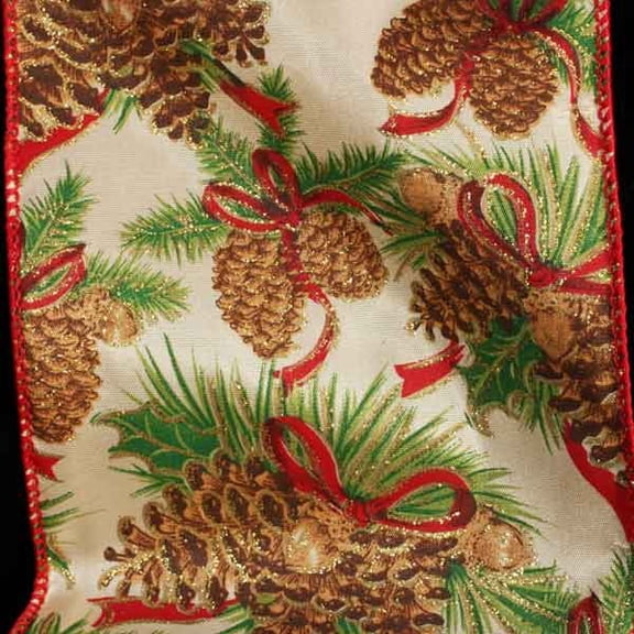 The Ribbon People Ivory and Red Pinecone Wired Edge Craft Ribbon 5" x 20 Yards