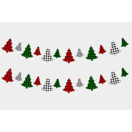 2 Pieces Felt Christmas Tree Garland Banner for Christmas Decorations, Buffalo Plaid Garland for Christmas Tree, Christmas Hanging Decorations for Mantle Fireplace Home Decor