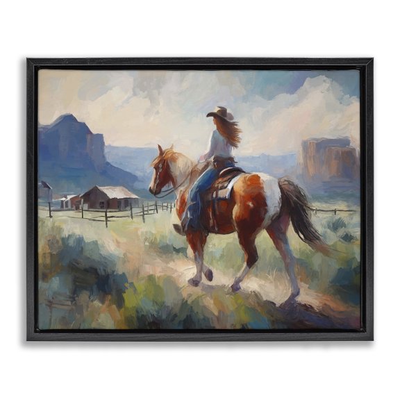 Stupell Industries Rustic Lodge Southwestern Cowgirl Landscape Black Floating Frame Canvas Art, 31 x 25, by Ramona Murdock
