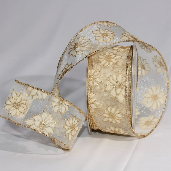 The Ribbon People Sheer Gold and White Little Poinsettia Wired Craft Ribbon 2" x 40 Yards