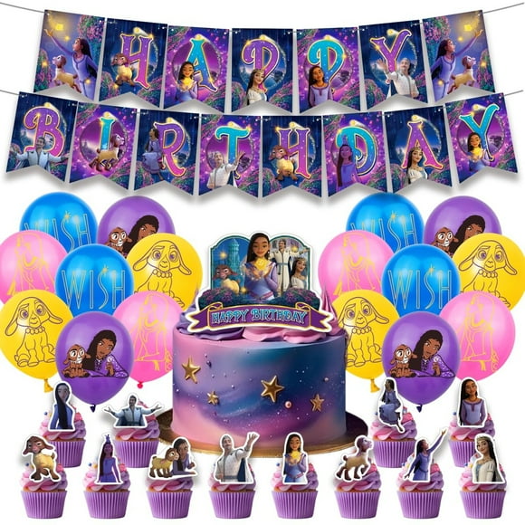 Kit de Célébration : Pack de Fête d'Anniversaire Inspiré des Souhaits avec Bannière, Topper de Gâteau, Toppers de Cupcake et Ballons - Tout Ce Dont Vous Avez Besoin pour une Célébration Magique!