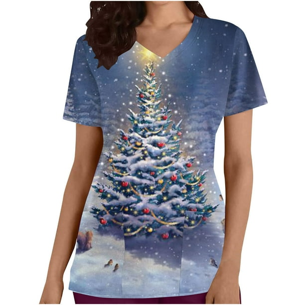 Fiudx Ofertas Flash Del Día Tops de Mujer Tops de Manga Corta con Cuello En V Estampado de Uniforme de Trabajo con Blusa de Bolsillo