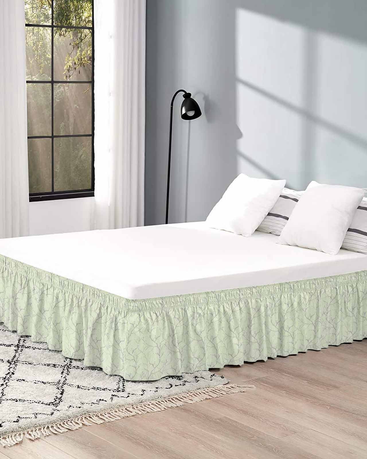 Sage Green Branches Bed Skirt Cal King 18 Inch Drop, Wrap Around Bed Skirts, Vintage Art Farmhouse Elastic Bedskirt Pleated Bed Frame Cover Luxurious Dust Ruffle for Cal King Bed