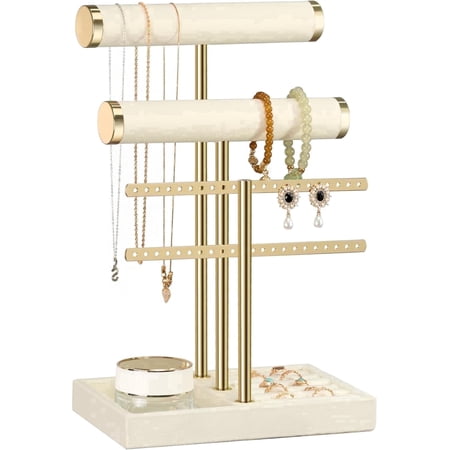 Beige Velvet 3-Tier Jewelry Stand with Detachable T-Bar – Necklace & Earring Organizer