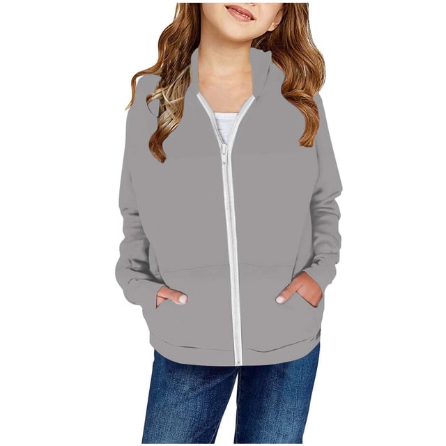 Girl's Autumn And Winter Solid Color Patch Pocket Zipper Sweatshirt Hooded Cardigan Jacket