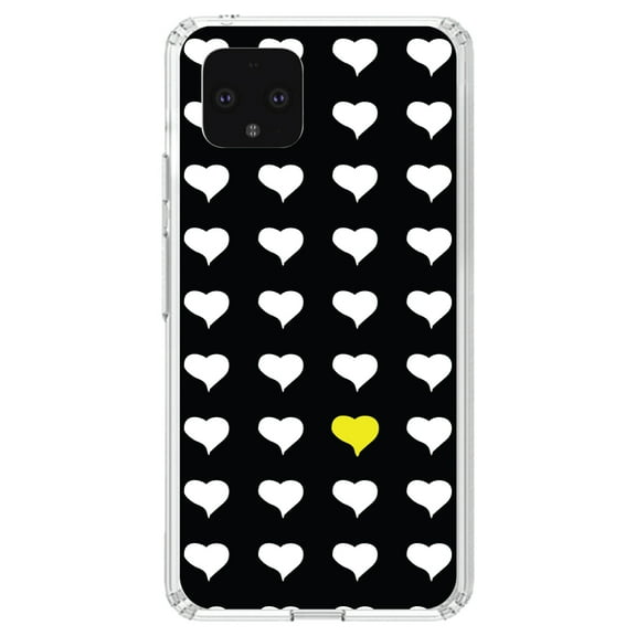 DistinctInk Clear Shockproof Hybrid Case for Google Pixel 4 XL (6.3" Screen) - TPU Bumper, Acrylic Back, Tempered Glass Screen Protector - Yellow White Black Repeating Hearts
