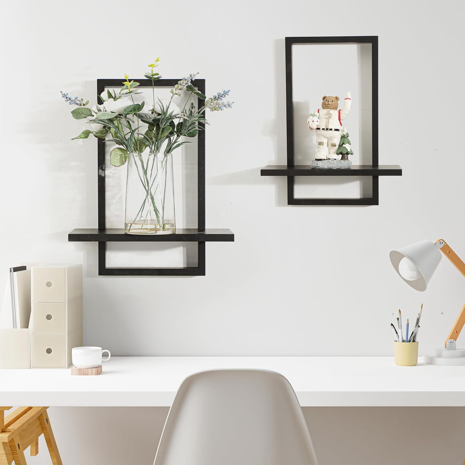 Square Floating Shelves,Wall Plants Holder,Bathroom Wall Decor,Framed Decorative Shelf Black,Modern Chic Set of 2 for Living Room Bedroom Home Office,Soild Wood,L+S