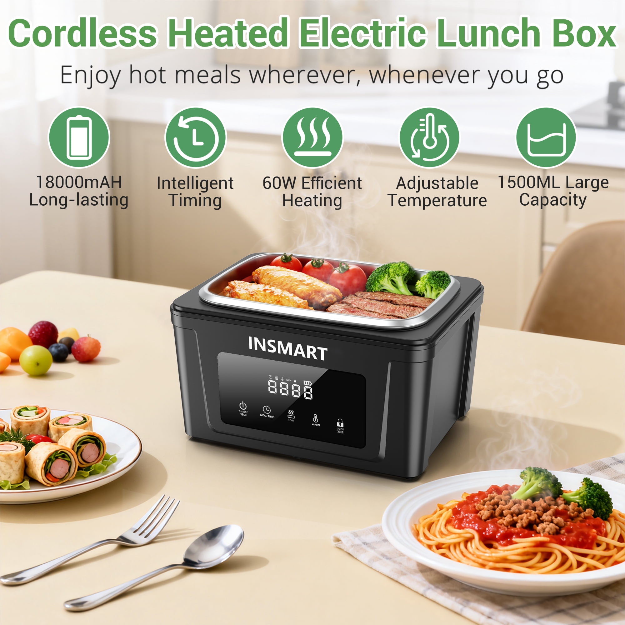 INSMART 6.3-Cup Cordless Electric Lunch Box for Adults, Heated Lunch Box for Men with Scheduled Heating, Portable Car Food Warmer with Utensils, Two-Tier Bag,Dishwasher Safe,Removable Divider（Black）