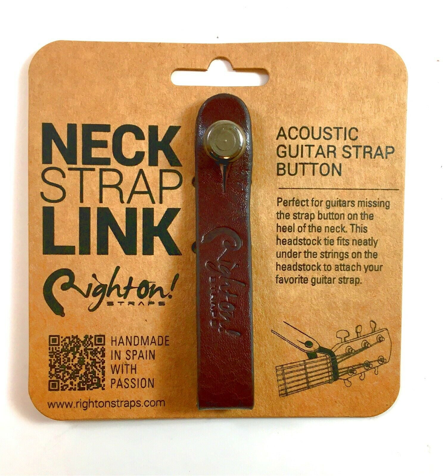Right On! Acoustic Guitar Strap Button Tie Leather StrapLink Dark Brown