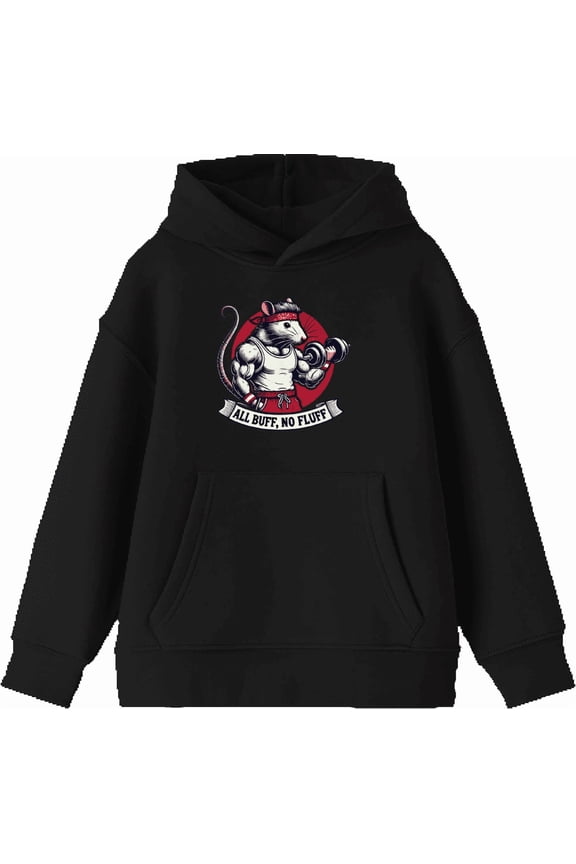 All Buff no Fluff Gym Rat Youth Black Long Sleeve Hoodie-XS