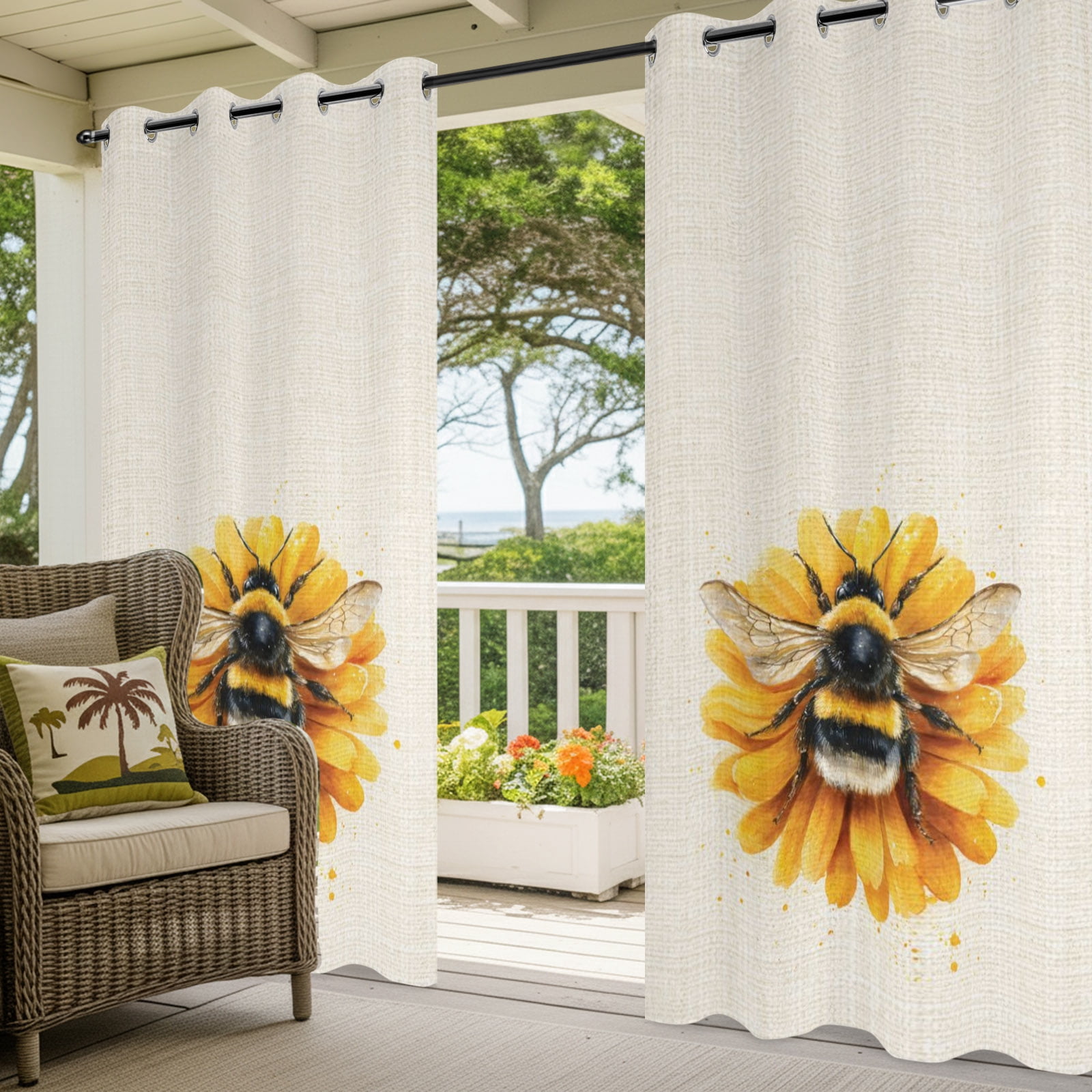 Yellow Flower Outdoor Curtains for Patio, Summer Bee Farmhouse Vintage Daisy Sunshade Privacy Drapes Grommet Waterproof Outside Curtains for Porch/Cabana/Balcony 54"x 108", 1 Panel