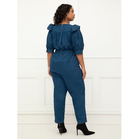 ELOQUII Elements Women's Plus Size Denim Jumpsuit With Ruffles