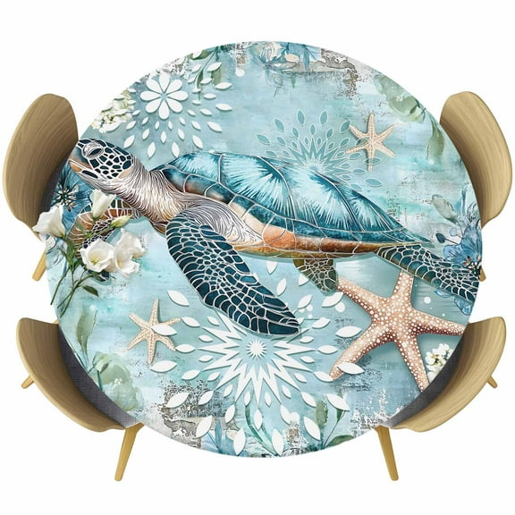 Sea Turtle Coastal Fitted Tablecloth with Elastic Edged, Round Table Cloth for Dining Table, Vintage Teal Nautical Beach Botanical Waterproof Oil Proof Table Cover for Indoor Outdoor 55"-60"