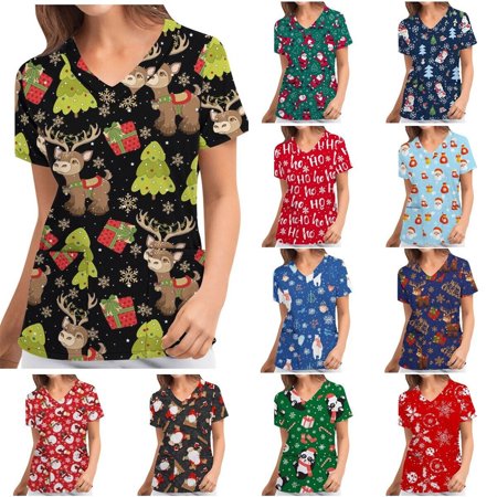 

Christmas Women Nursing Uniform Scrub Short Sleeve Tops T-Shirt Xmas Work Blouse